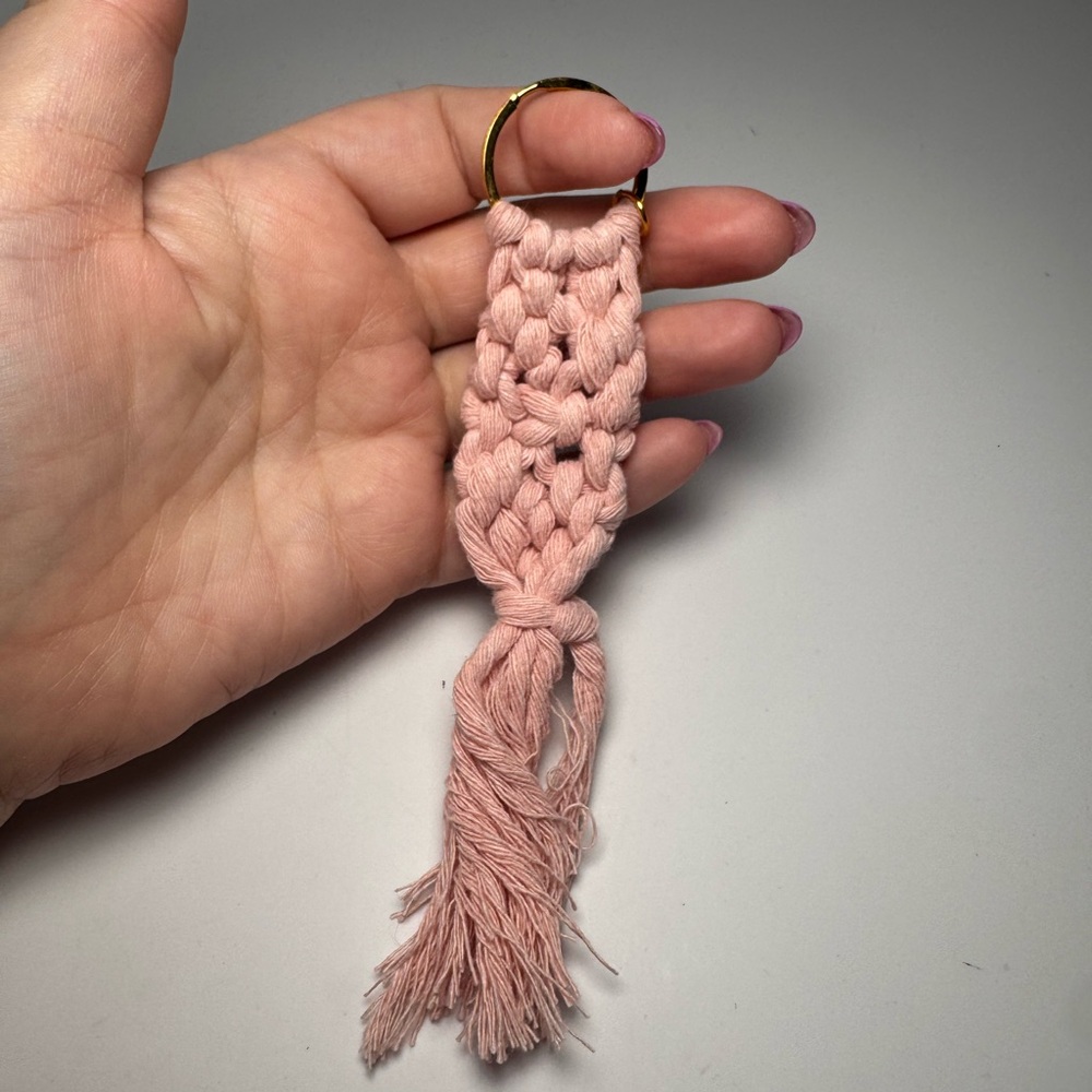 Light Pink Macrame Keychain Tassel Woven Bag Charm w/Gold Key Ring | Gifts